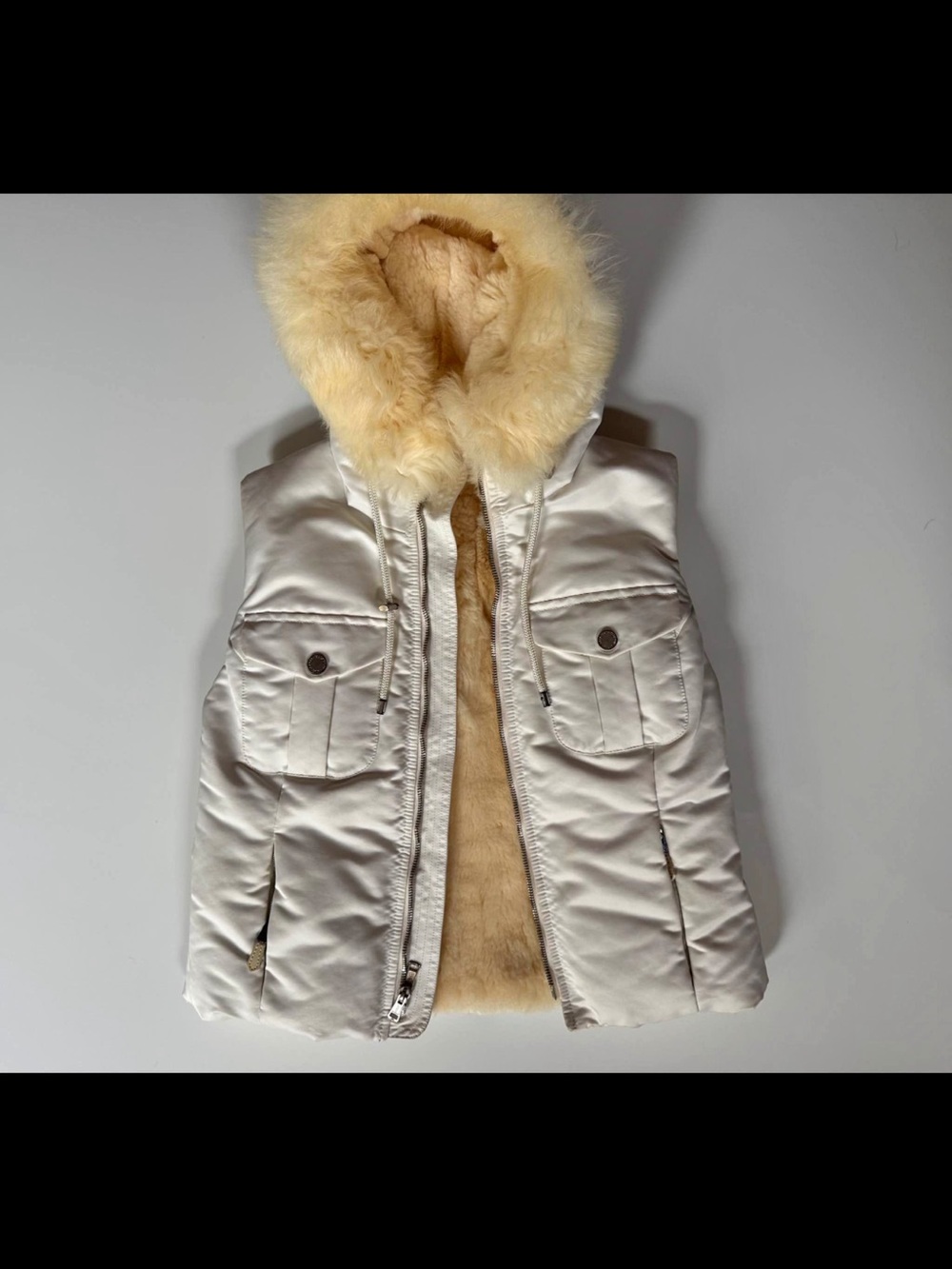 Ralph Lauren Purple Label Cream Puffer Vest with Fur-Trim Hood